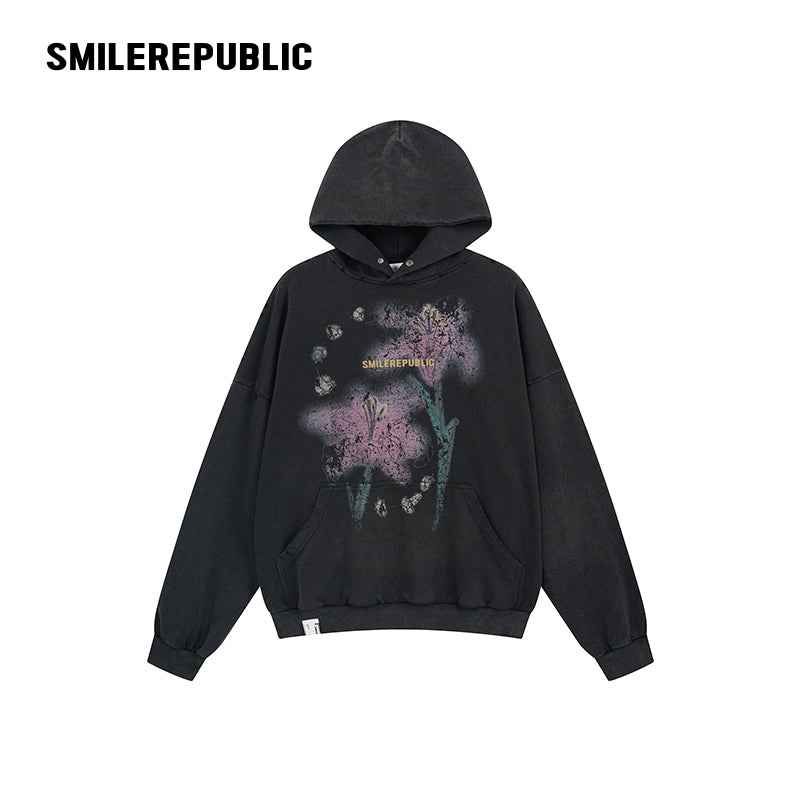 SMILEREPUBLIC（スマイルリパブリック）の「Washed Black Cotton Blend Floral Graphic Oversized Pullover Hoodie with Kangaroo Pocket（Tops）」