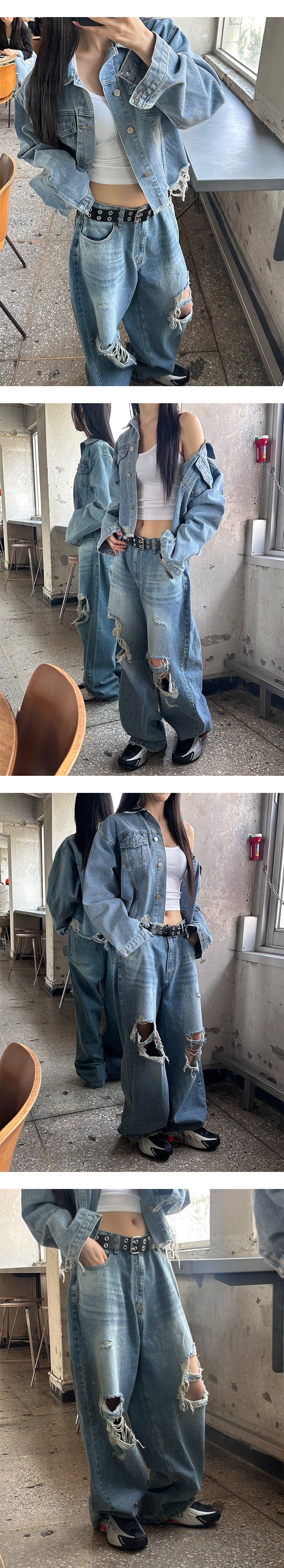  [Unisex] Knee destroyed wide denim pants