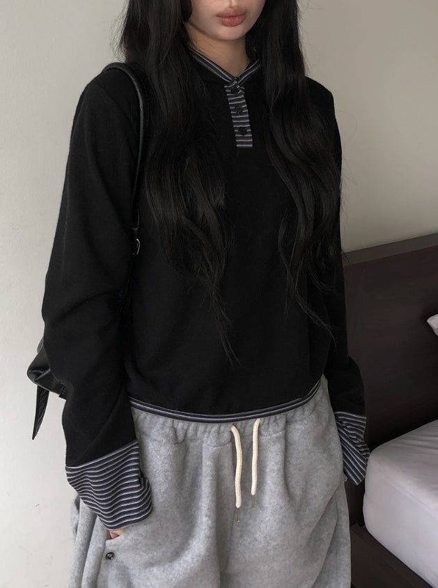 Chive Button Stripe Hood Brushed T-Shirt