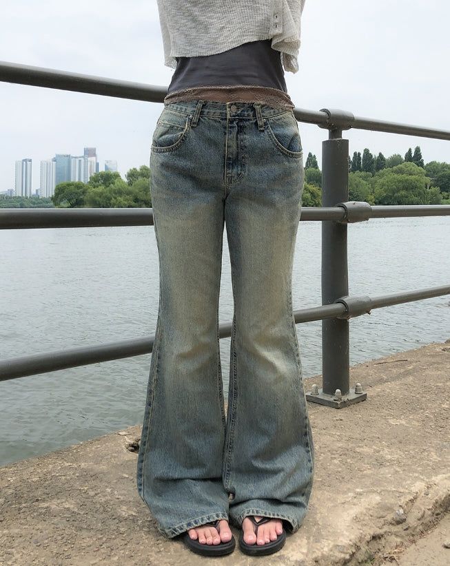 Tier Cat Washed Semi-Bootcut Denim Pants