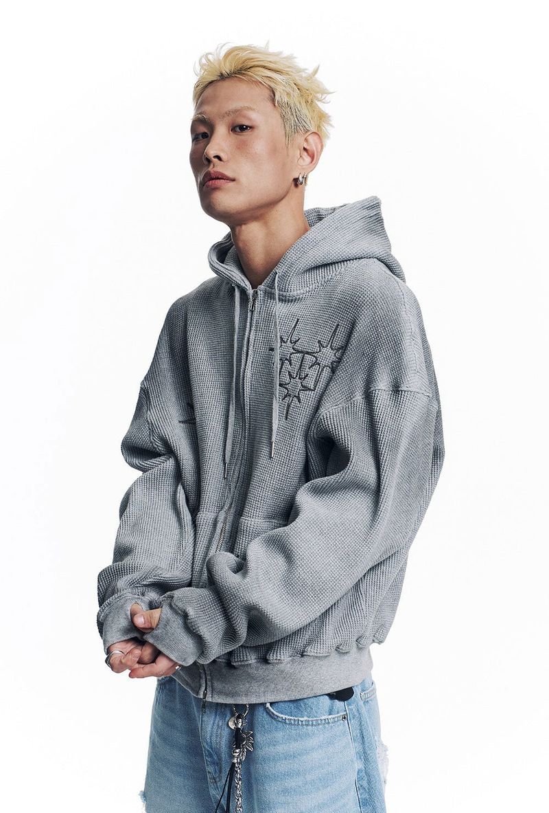 Washed Star Waffle Hooded Zip-Up - Grey