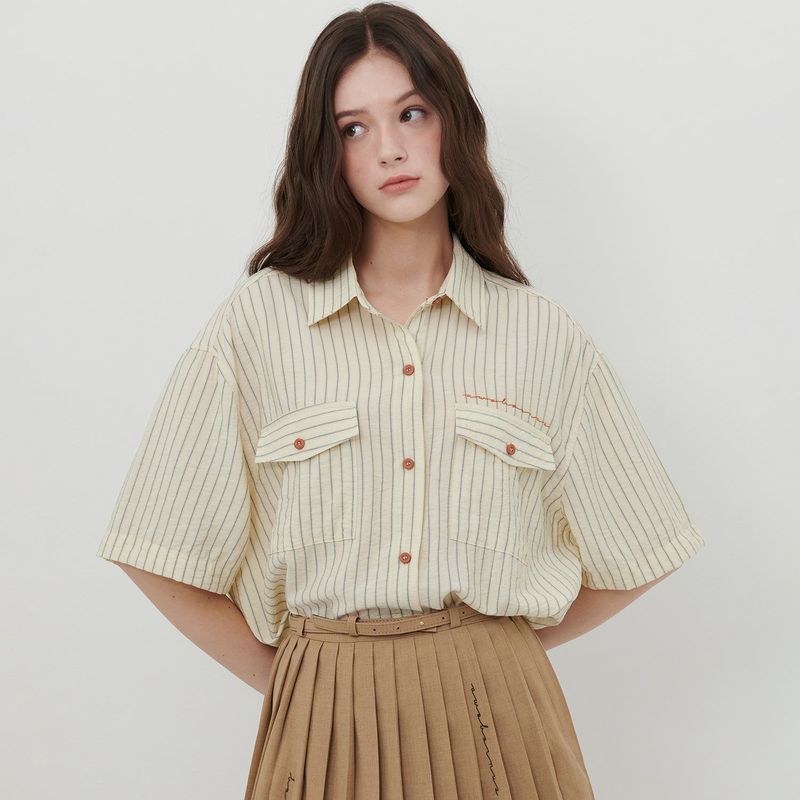 AWE BORN US（アボンアス）の「STRIPE POCKET SHIRT [BEIGE]（Tops）」