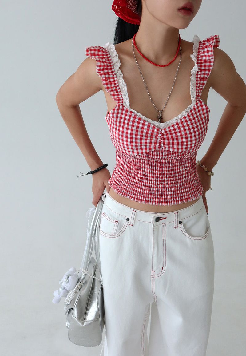 Check lace smoke banding blouse