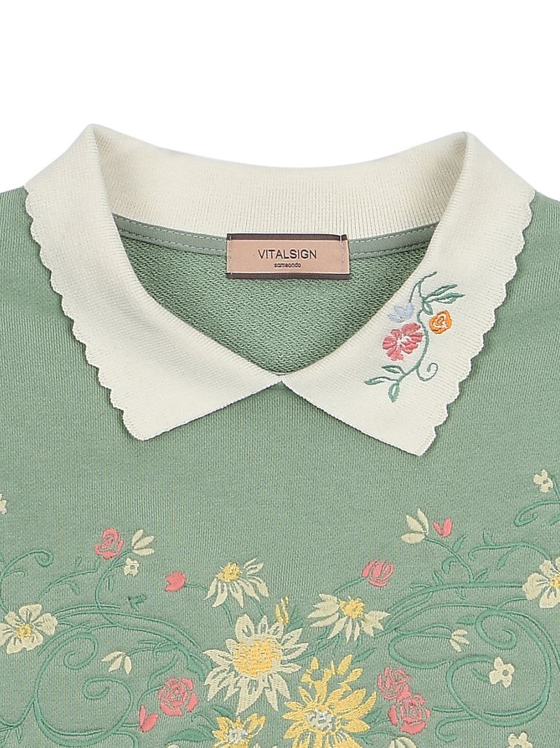 Flower Embroidered Collar Sweatshirt