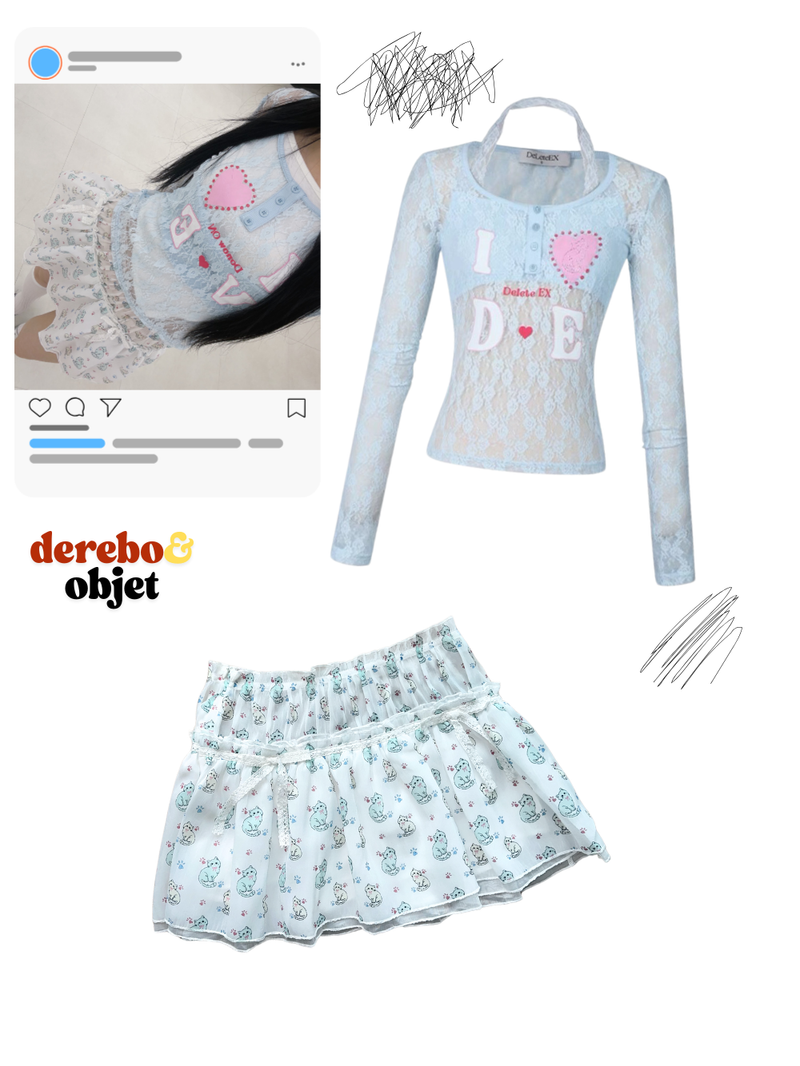 Cat chiffon banding flare mini skirt