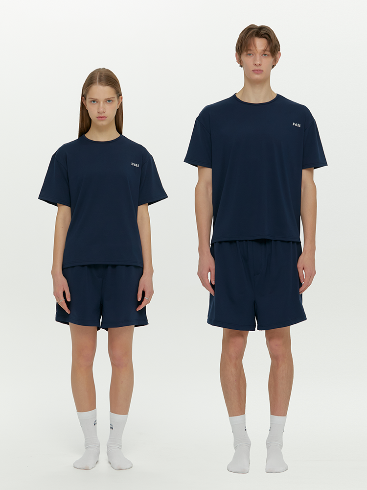 Foli(フォリー)の「(Unisex) Essential Stretch Fit Half Sleeves PJ Set, Navy(Tops)」