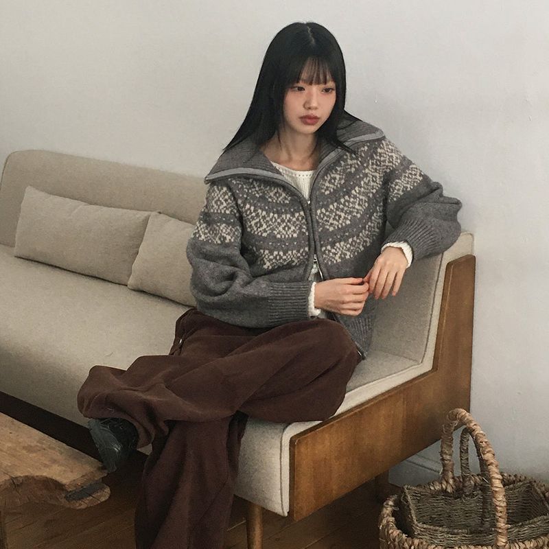 Helky Nordic Pattern Two-Way Knit Zip-Up