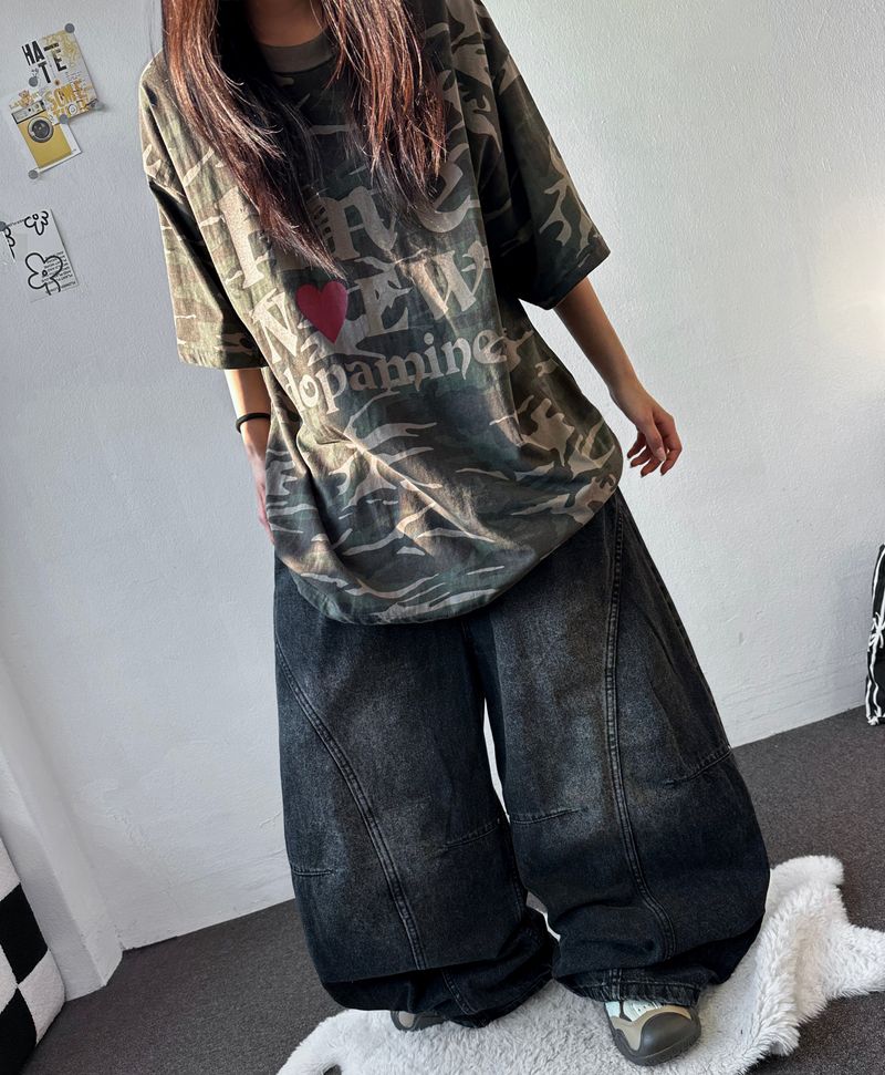 Devil Rivet Elastic Waist Balloon Denim Pants 2color