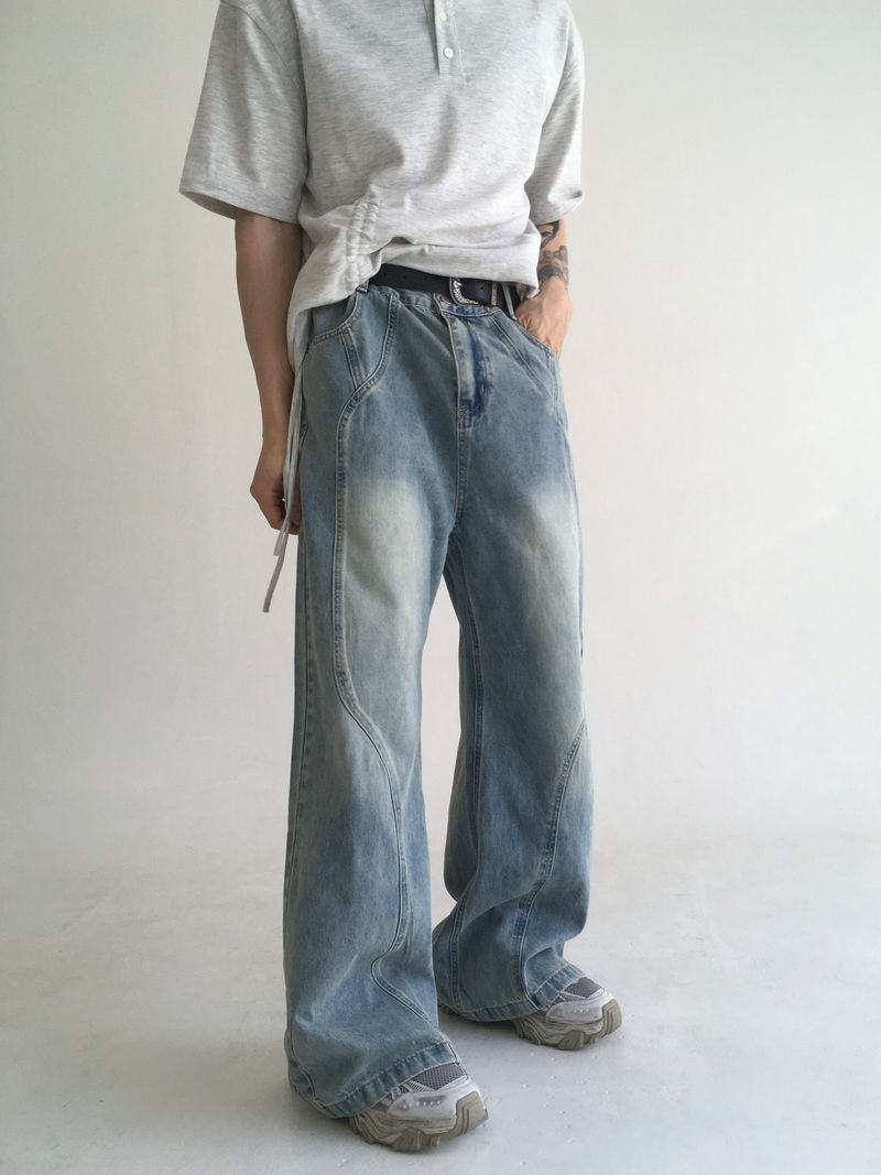 wave curved wide denim(blue)