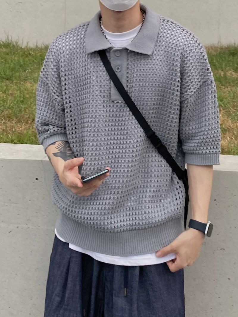Mesh collar short sleeve knit 3C