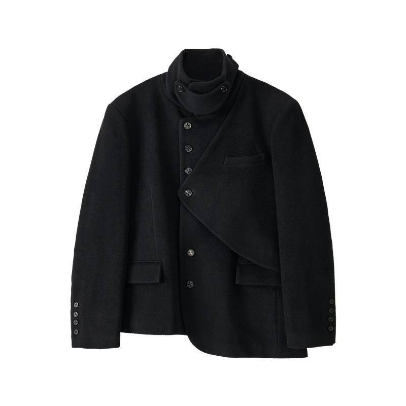 Asymmetric Structure Wool Half Coat - BLACK