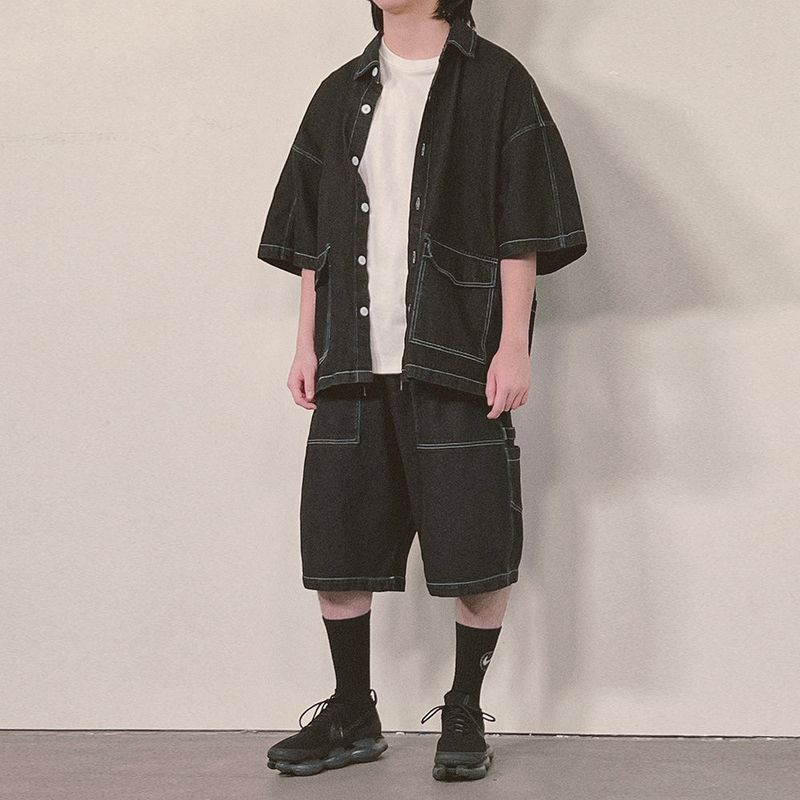denim stitch shorts_black