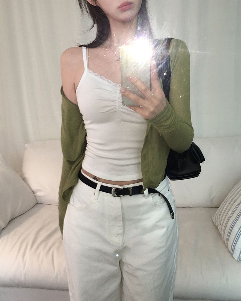 Modal lace shirring cropped sleeveless shirt (3 colors)