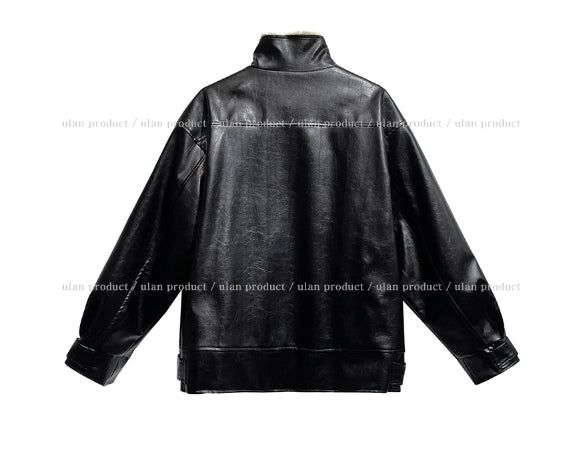 [Mink lining] Catch leather high neck half coat