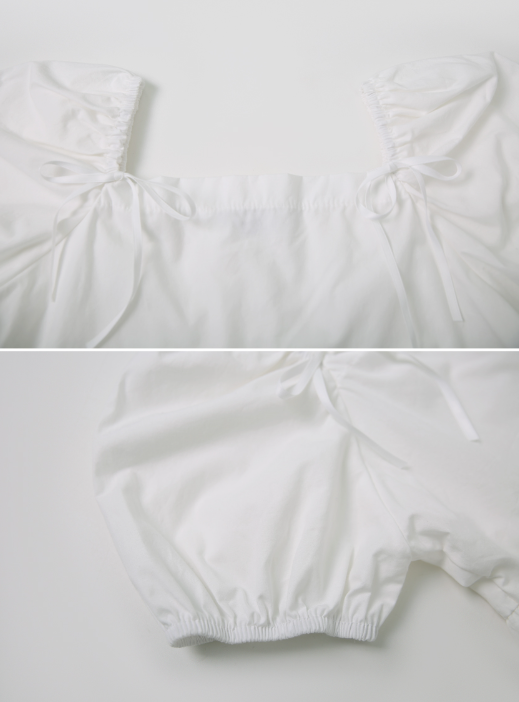 Square Puff Ribbon Short Sleeve Blouse (2color)