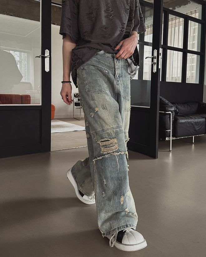 Clay Mud Washed Damaged Wide Denim