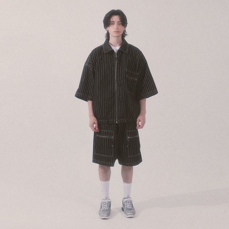 stripe denim shorts_black