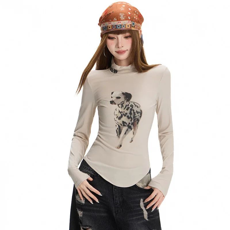 Vintage Dog Print Mock Neck Long Sleeve Top