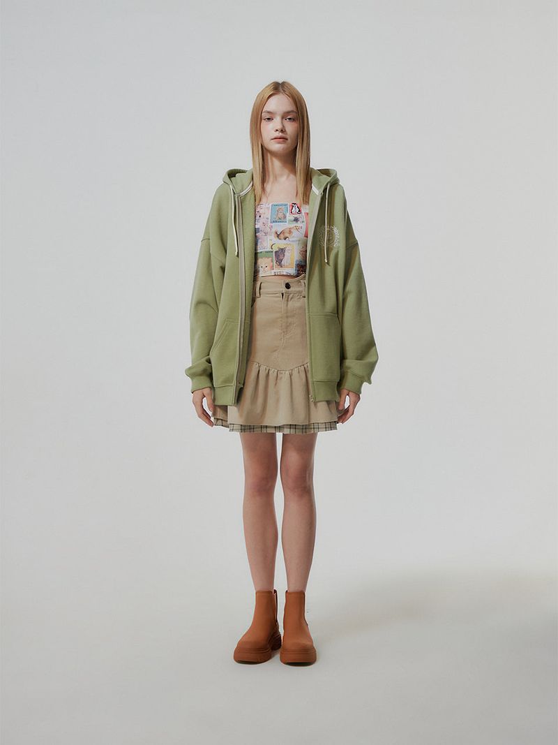 HEAVY WEIGHT OVERFITTED UNIVERSITY LOGO EMBROIDERY HOODIE ZIP UP_ SAGE GREEN
