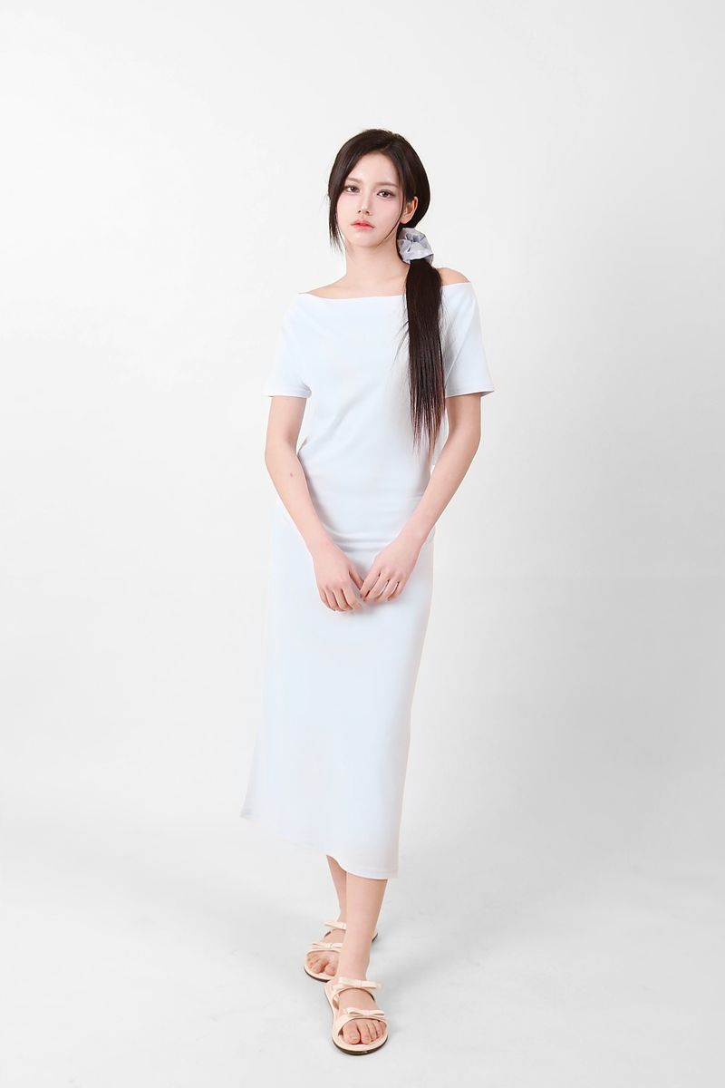 Off-Shoulder Slit Long Onepiece Sky Blue