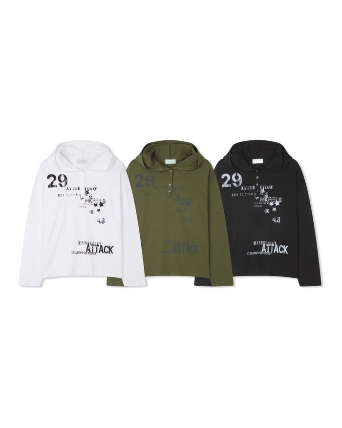 (UNISEX) Attack Henley Hooded Long Sleeve