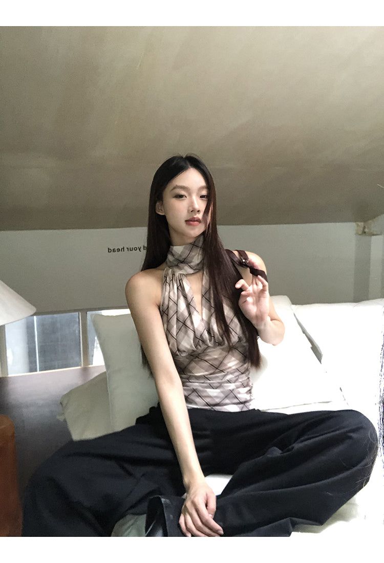 chiffon checkered halter neck sleeveless blouse top