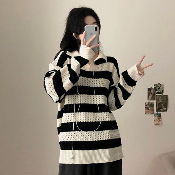 hijjoo（ハイチュー）の「Barting Punching Collar Danga Knitwear（Tops）」