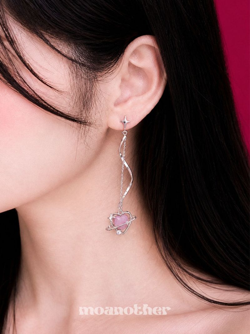 [925 Silver Post] Drop Heart Unbal Earring