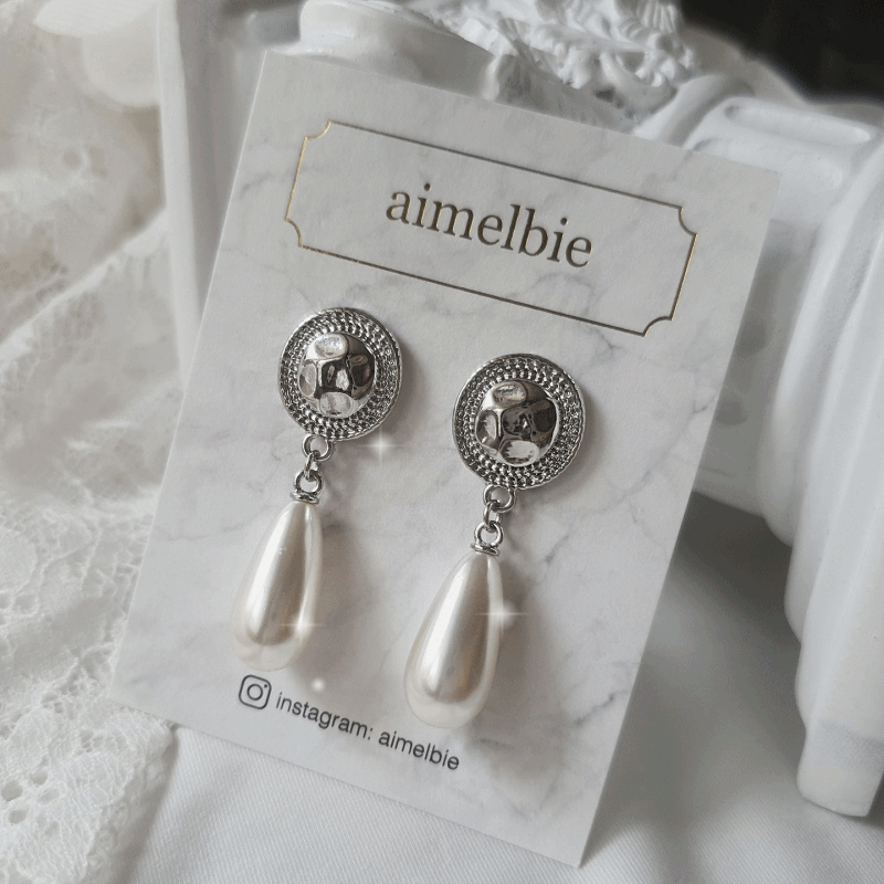 Ethnic Button and Long Pearl Earrings - Silver Color