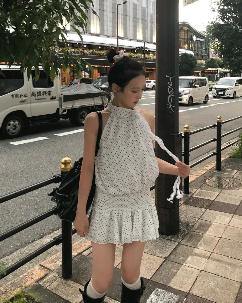 アトリエ ドット フリル ホルター フレア ミニ ドレス