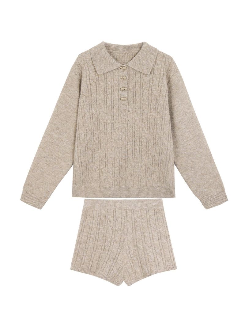 Oatmeal toggle wool twisted knitwear two-piece set