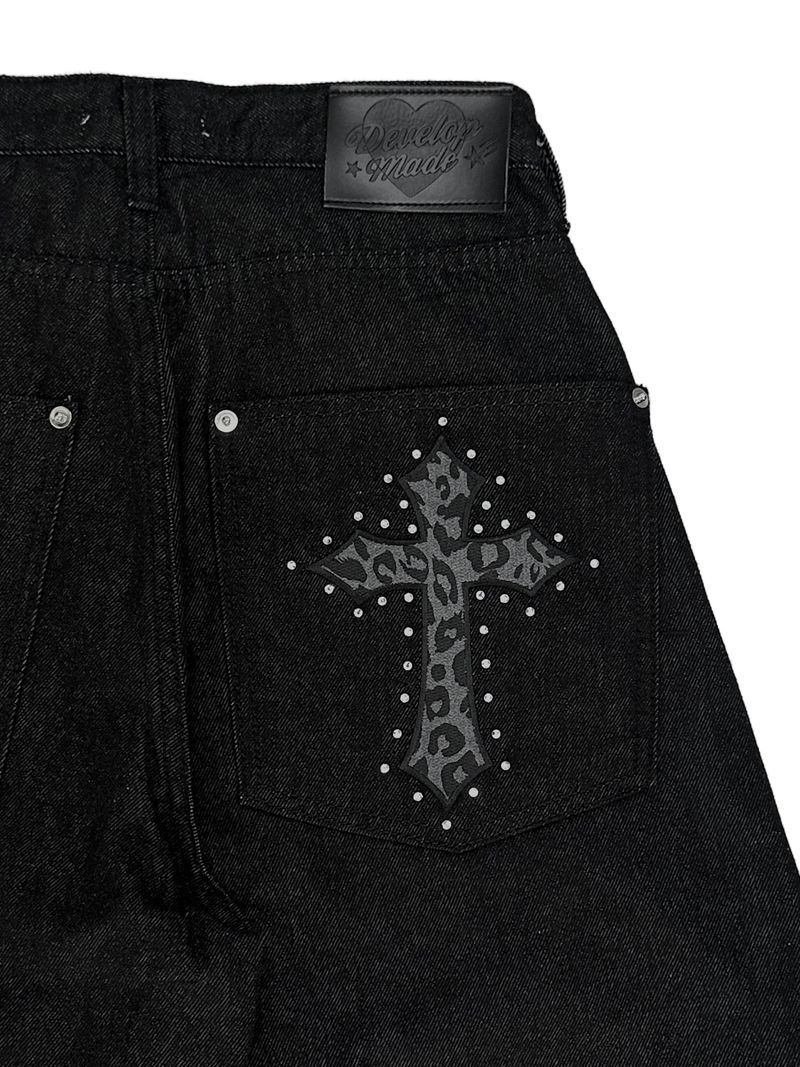leopard cross stud balloon denim