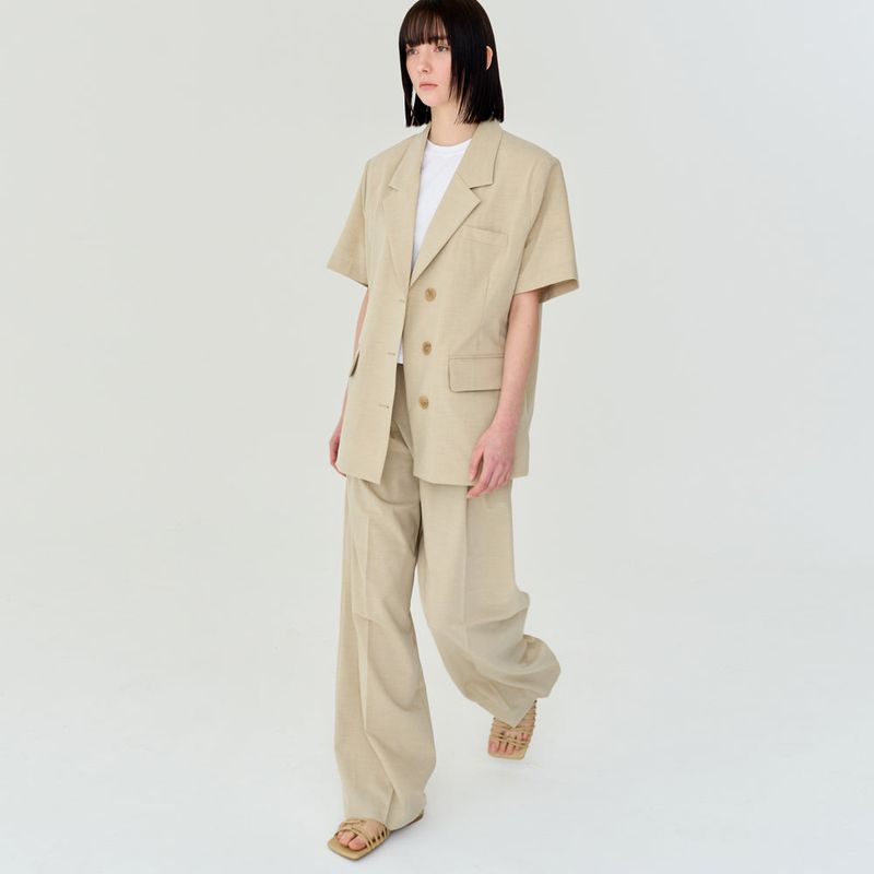 THREE PINTUCK SUMMER WOOL PANTS (BEIGE)
