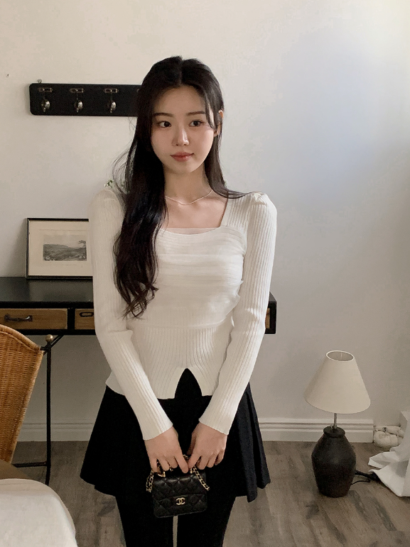 DW Square Chiffon Layered Rib Knit (3color)