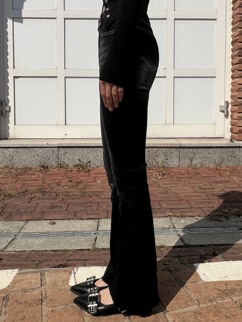 Color combination stitch gradient washed high waist spandex bootcut pants (Black)