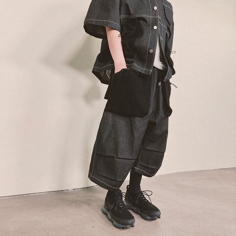 reverse terry pocket denim capri shorts_black