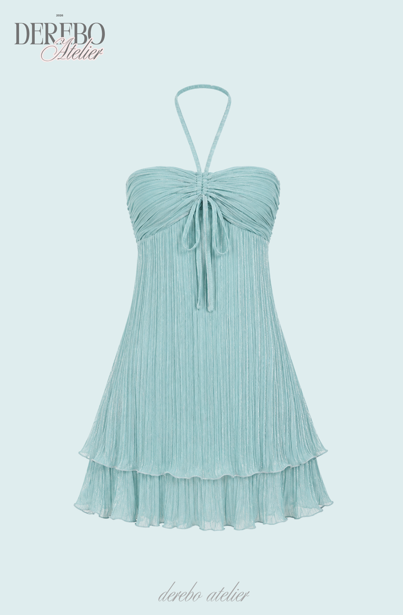 Mint Halter Flare Shirring Mini Dress