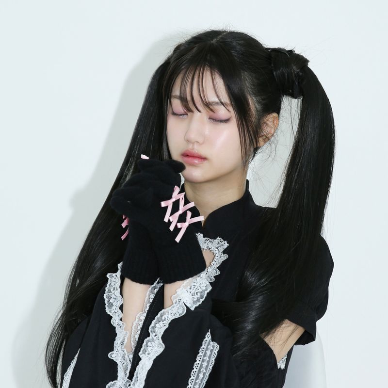 0 4 ribbon knit gloves - BLACK/PINK