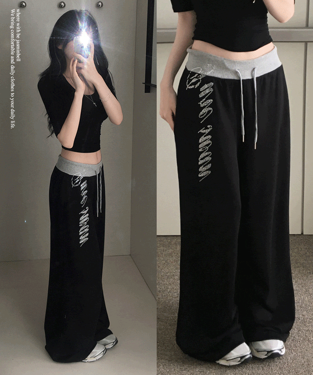 JASMINBELL(ジャスミンベル)の「Senit Color Block Rhinestone Wide Training Pants(Pants)」