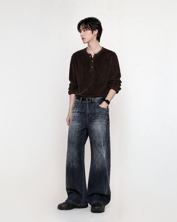 (M's) Velour Henley Neck Long Sleeve