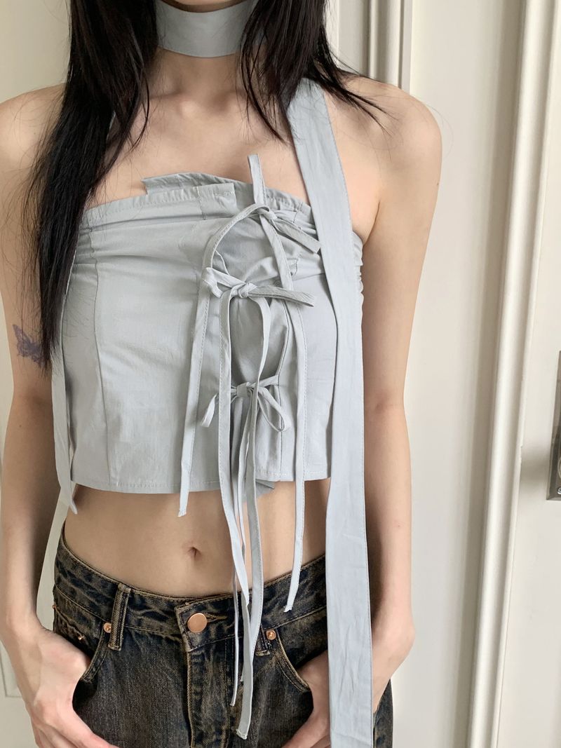 WONDER WONDER（ワンダーワンダー）の「Bobble Scarf Set Strap Bow Crop Top（Tops）」