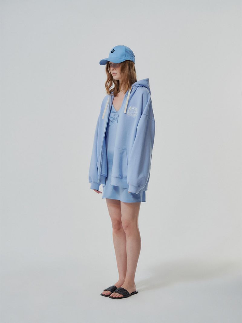 HEAVY WEIGHT OVERFITTED UNIVERSITY LOGO EMBROIDERY HOODIE ZIP UP_ SKY BLUE