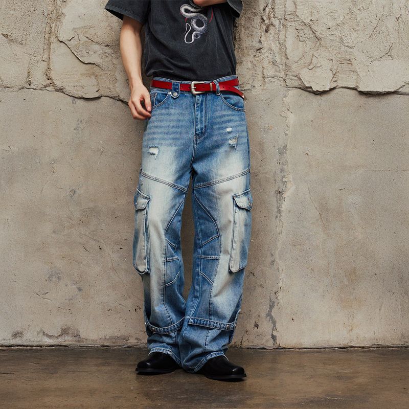 Washed Cargo Denim Detail Pants