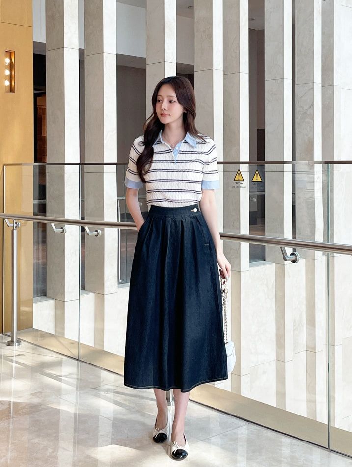Monta Color Matching Collar Stripe Cable Knit