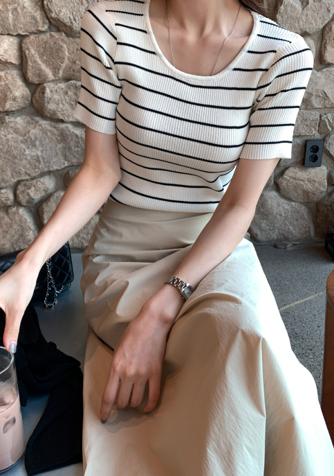 FINLEU（フィンル）の「Loop Slim Striped Short Sleeve Knit / 1 colors（Tops）」