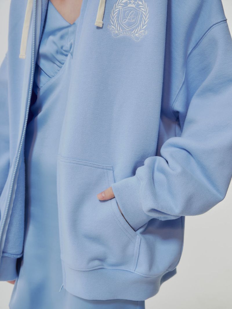 HEAVY WEIGHT OVERFITTED UNIVERSITY LOGO EMBROIDERY HOODIE ZIP UP_ SKY BLUE
