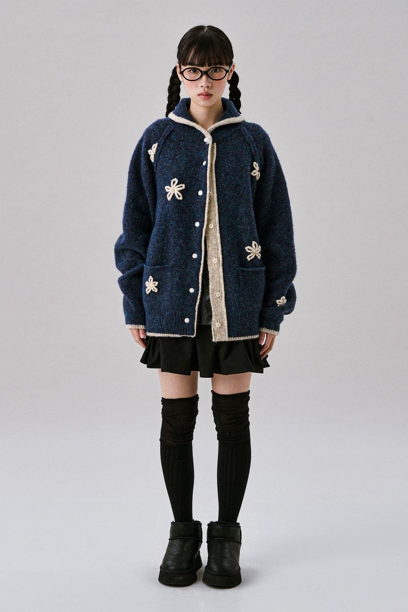 Flower Color Knit Cardigan [Navy]