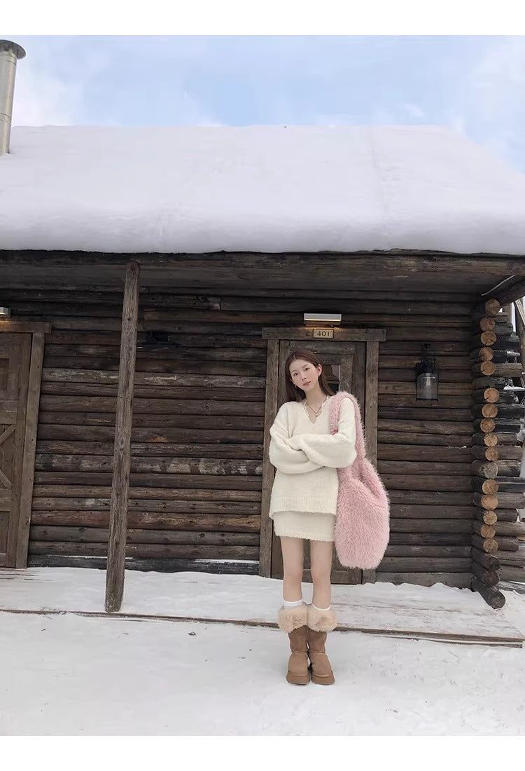Cloud V-neck Knit Skirt Two-piece