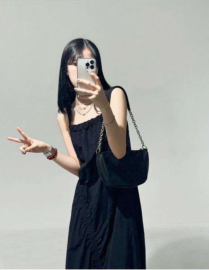 String Shirring Balloon Long Dress