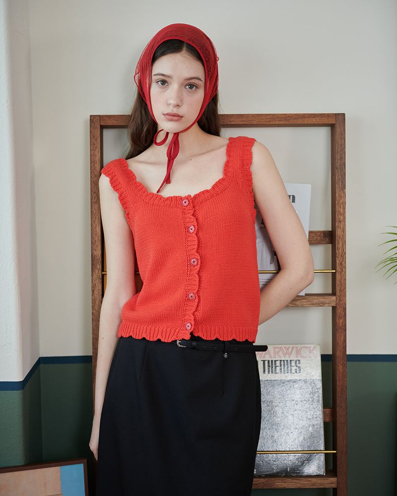 HEART SCALLOPED KNITTED TOP [RED]